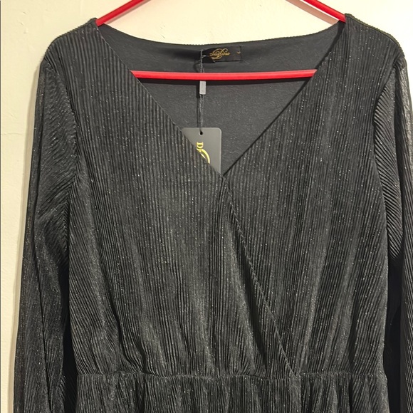 NWT Black Glitter Plissé Mini Dress V-Neck Long Sleeve Metallic Sparkle large - Picture 3 of 13